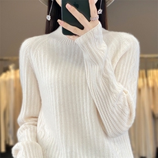 秋冬新款100%纯羊毛衫女半高领提花长袖毛衣宽松羊绒针织打底上衣，女装羊毛衫，鲁菏羊绒