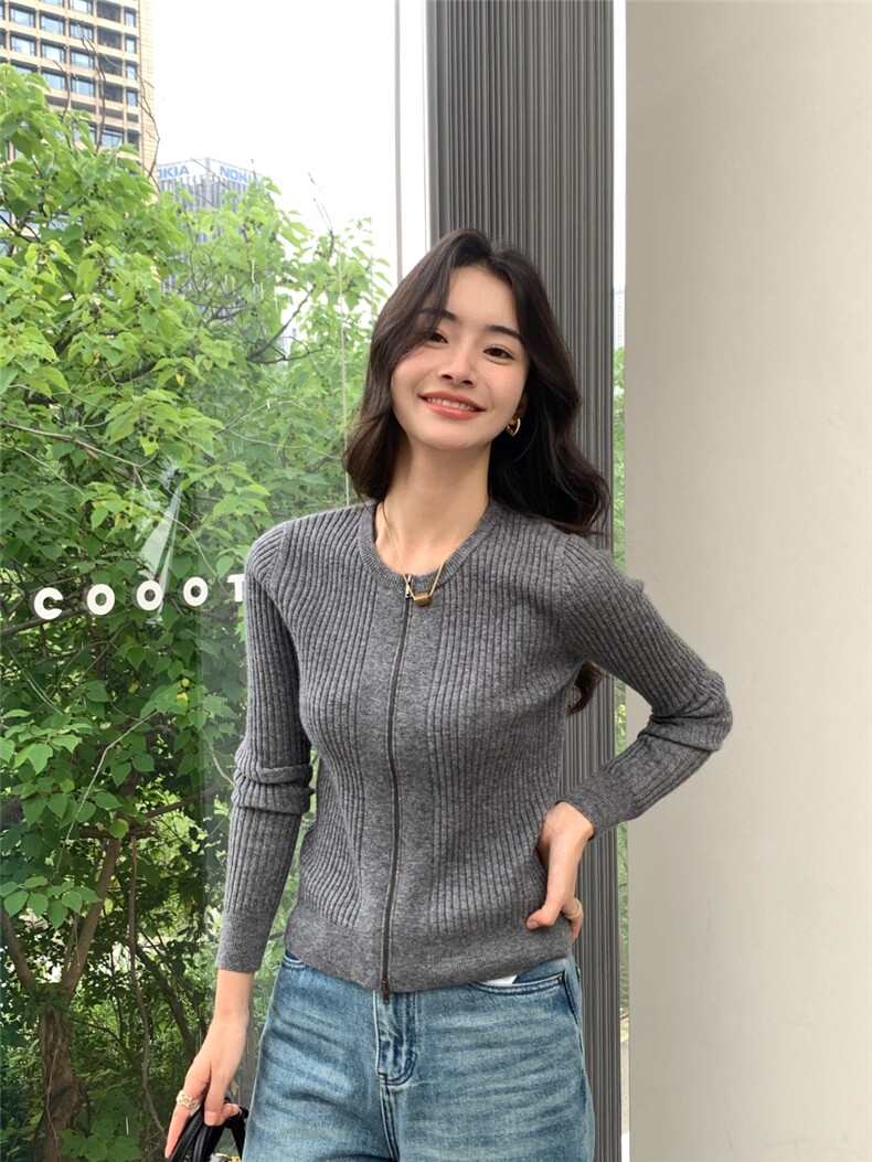 秋冬新款v领女拉链修身开衫衣保暖上衣针织衫打底,针织衫/毛衣,玛卡隆羊绒
