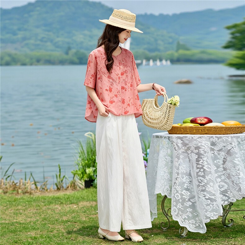 2026年夏季新中式印花刺绣两件套套裤,女装套装/套裙,依路服饰