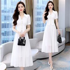 粉色雪纺连衣裙女夏2023新款高级感气质修身显瘦法式短袖绝美裙子，女装连衣裙，卡杰菲