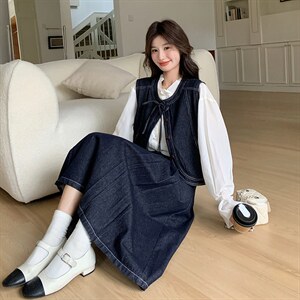 春现 明线复古日系牛仔马甲连衣裙套装B190-506-P185-K258图片