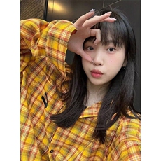 2025美式复古多巴胺黄色格子衬衫男女高街衬衣开衫长袖外套上衣，男装衬衫，星座506A