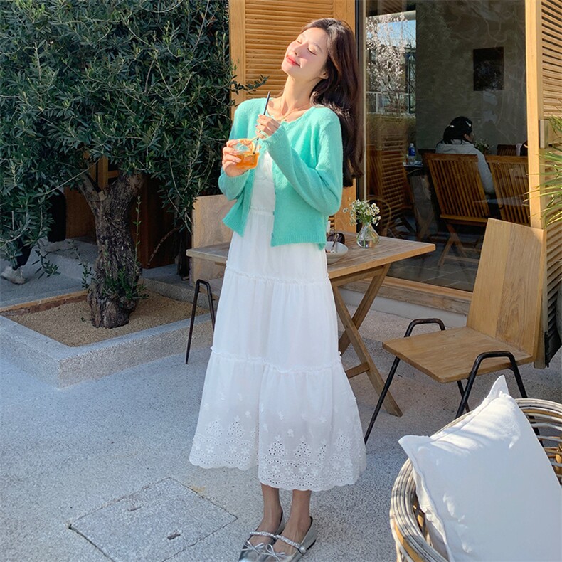 韩系甜美温柔针织开衫吊带连衣裙套装女春季欧若风夏日绝美小白裙,女装套装/套裙,3200格调