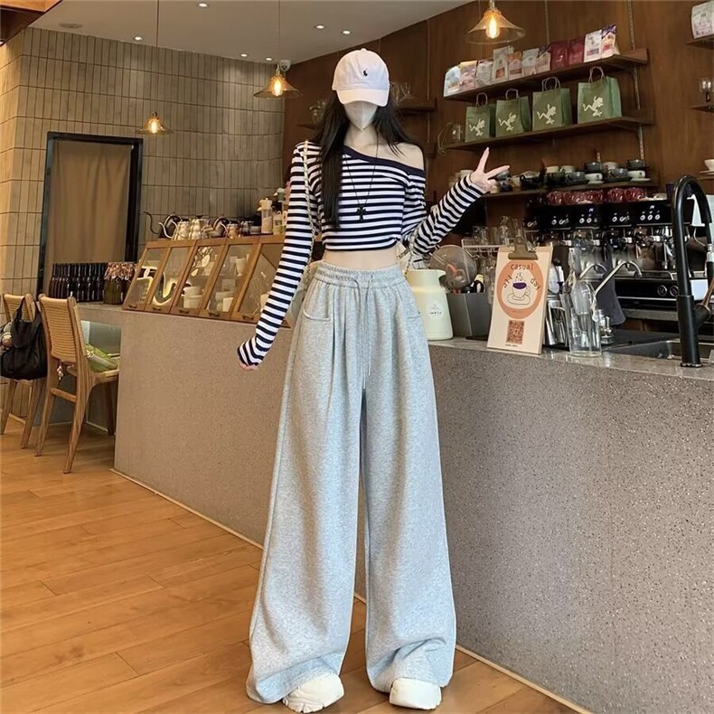 无品牌运动裤女秋冬季2025新款高腰垂感直筒阔腿裤美式宽松卫裤子,男装休闲裤,星座1210-1