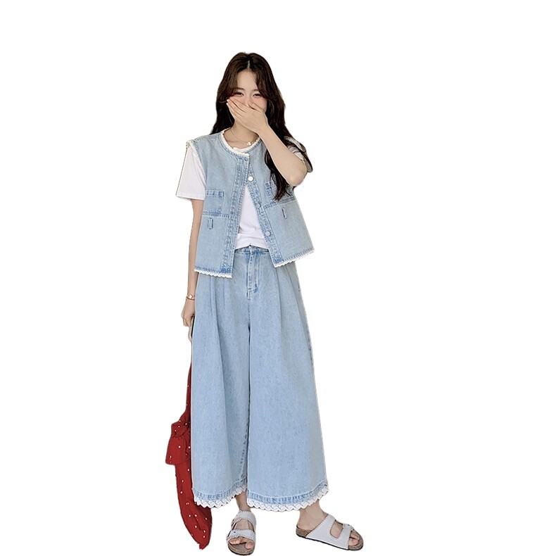 蕾丝花边拼接牛仔马甲套装女2025夏季港风复古小个子阔腿裤两件套,女装套装/套裙,2C159