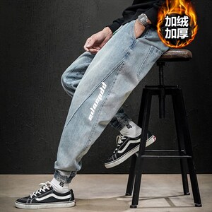 2021冬季日系马切达大码男印花拼接束脚加绒加厚牛仔裤N80161-P60图片