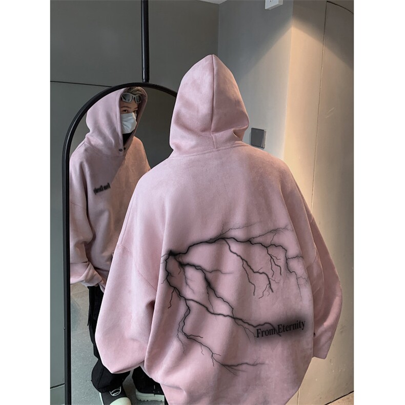 抖音品质秋季新款潮流闪电印花麂皮绒连帽卫衣wljp5001-特45控79图片
