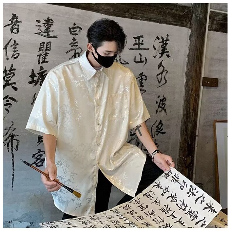 新中式汉服风上衣夏日衬衫短袖男高级感痞帅道袍CX016,男装衬衫,星座1116A-1（原606A）