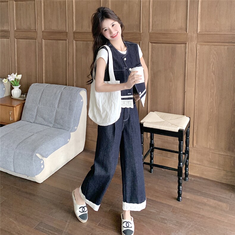 小个子蕾丝拼接牛仔马甲阔腿裤两件套女2025夏新款减龄休闲两件套,女装套装/套裙,2C012