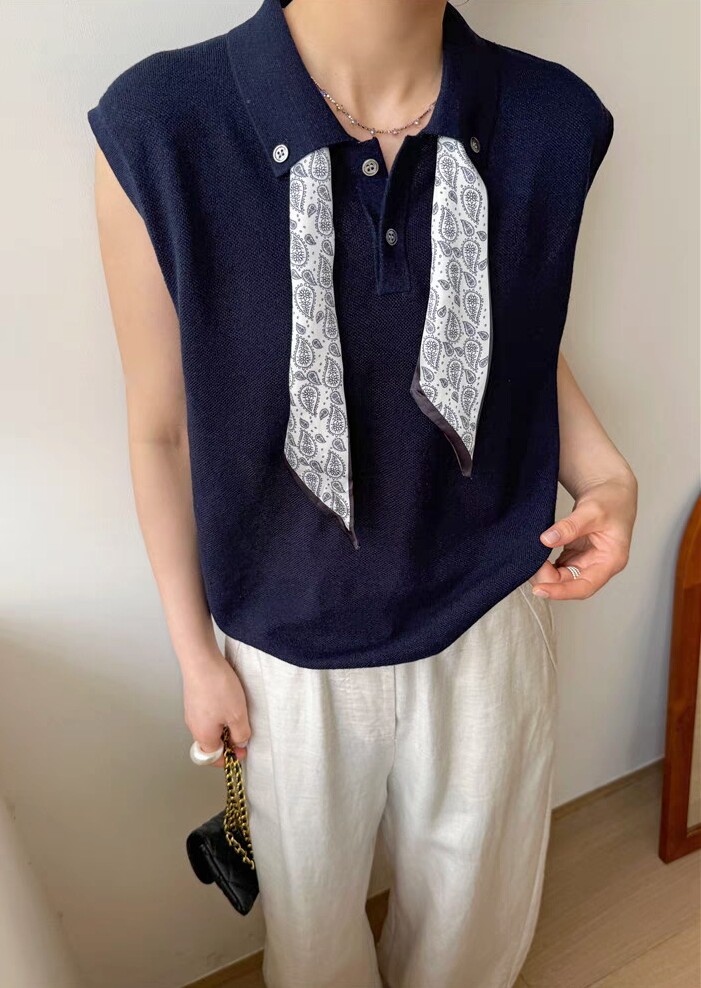 夏季新款简约天丝麻POLO领丝巾无袖女宽松百搭显瘦时尚休闲上衣,针织衫/毛衣,臻纶羊绒