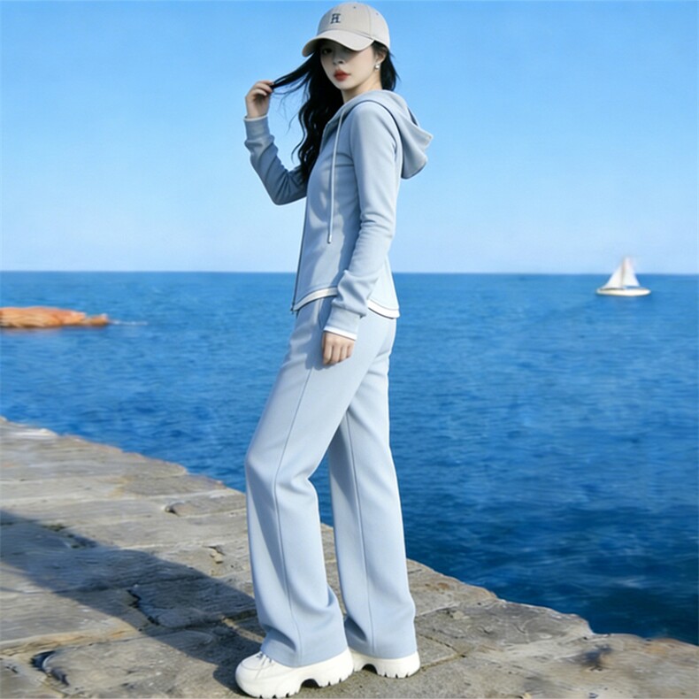 韩系运动休闲套装女春新款撞色拼接半拉链长袖卫衣阔腿长裤两件套,女装套装/套裙,江南