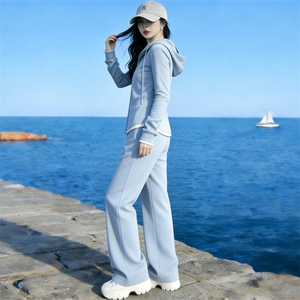 韩系运动休闲套装女春新款撞色拼接半拉链长袖卫衣阔腿长裤两件套图片