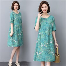香港新品民族风印花棉质短袖连衣裙女中长宽松遮肚子显瘦，女装连衣裙，涵誉