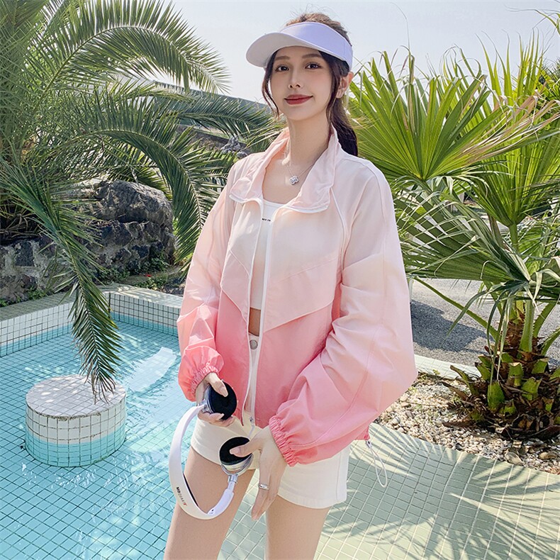 韩版立领抽绳渐变色宽松显瘦气质减龄防晒衣长袖短款户外百搭夏季,女装防晒衣,蝶眷
