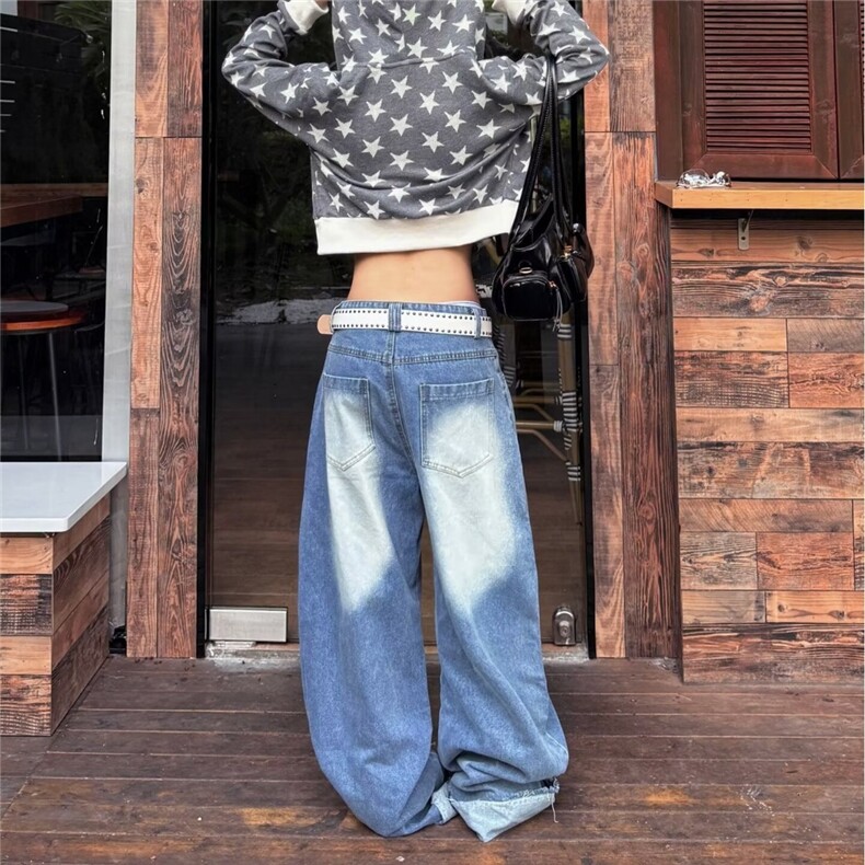 美式高街水洗做旧牛仔裤男女宽松直筒垂感阔腿拖地长裤潮NZ8008,男装牛仔裤,星座516A