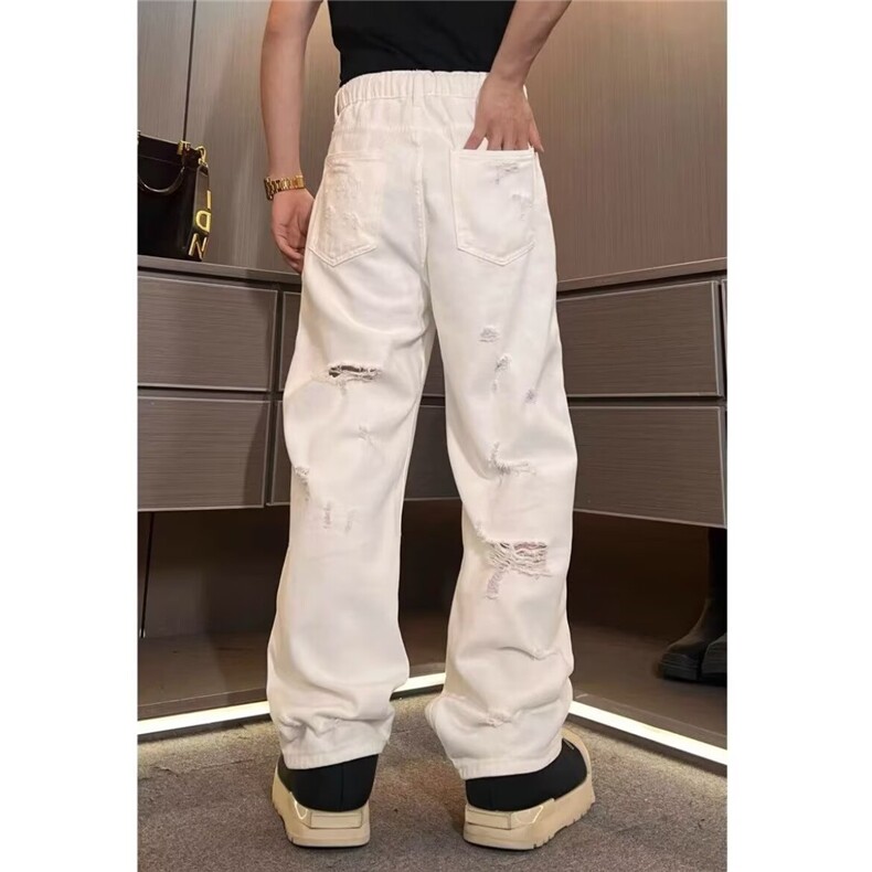 Y952-P45帅气破洞水洗白色休闲牛仔裤女夏新款高腰宽松,男装牛仔裤,电商B323A