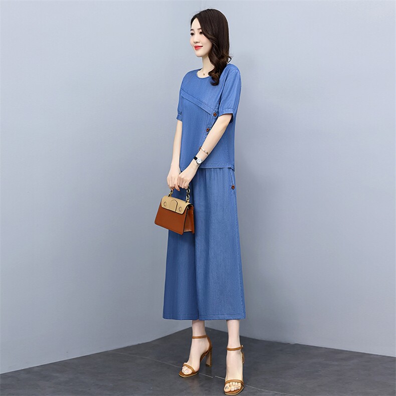 小个子天丝阔腿裤套装女2025年夏季新款气质显瘦休闲牛仔两件套潮,女装套装/套裙,魅影