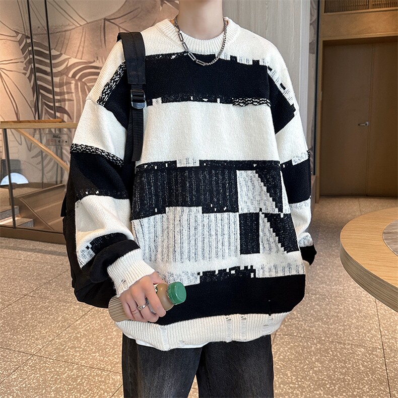2023秋款男针织衫圆领套头毛衣条纹破洞休闲打底外套M698 P40图片
