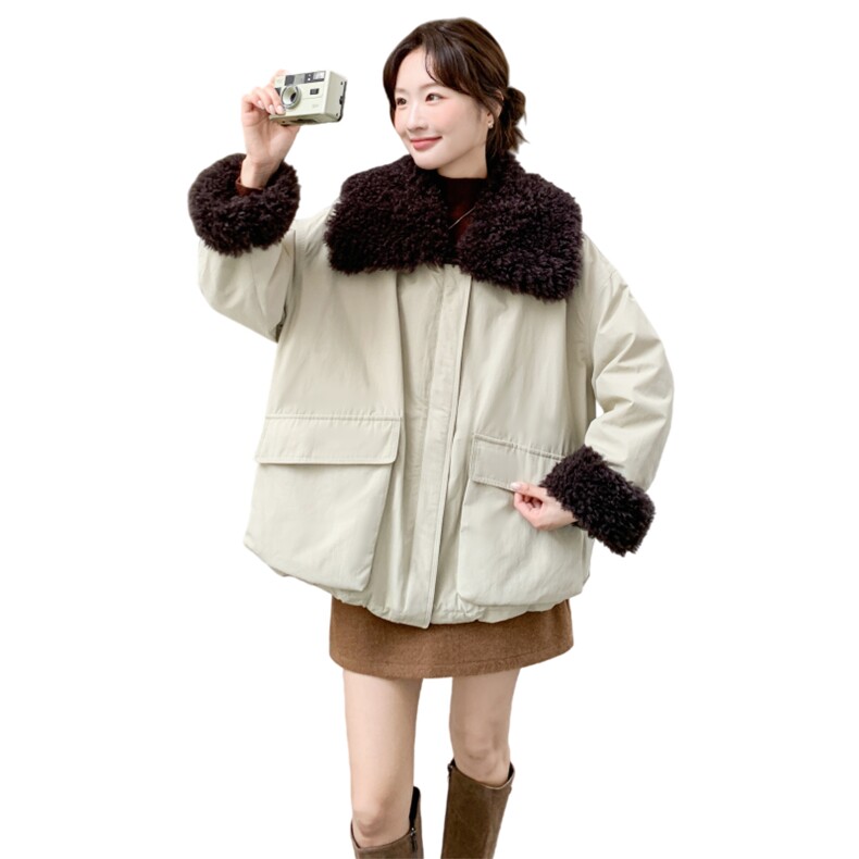韩版工装风羊羔毛领外套派克服女冬米白色加厚保暖冲锋衣90羽绒服,女装派克服,2C166