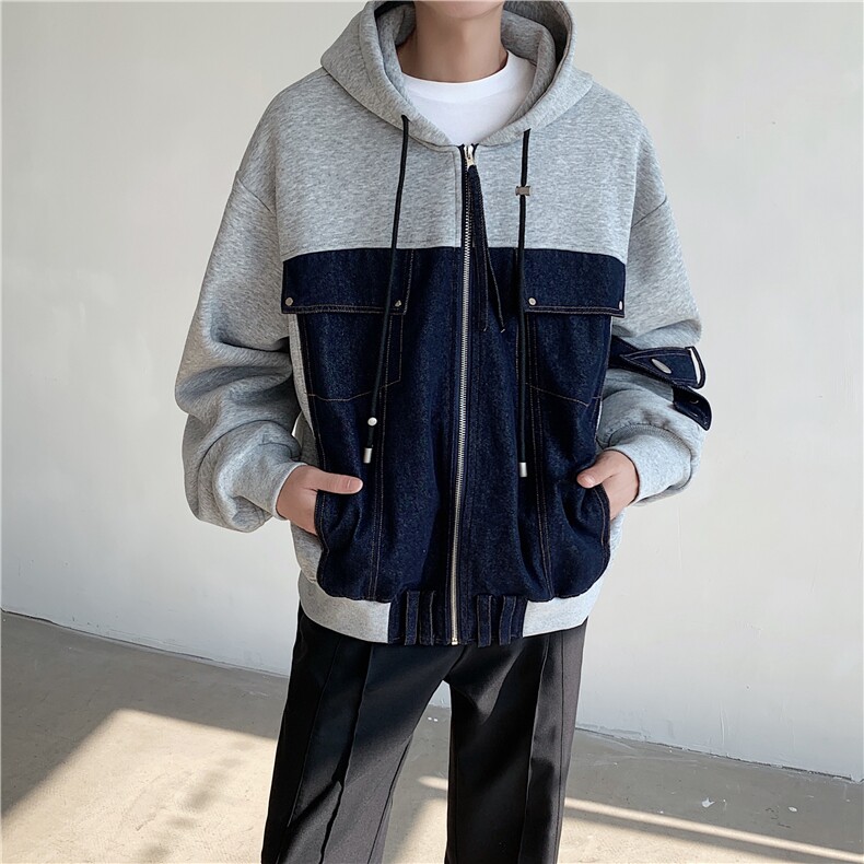 24秋冬牛仔拼接设计感连帽拉链质感开衫卫衣MJ1026-P115,男装卫衣,电商B288