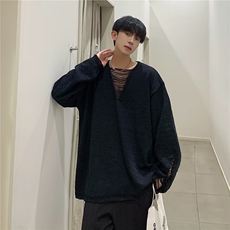 24早秋美式破痕设计感V领毛衣中性宽松休闲针织衫-KS048，男装针织衫/毛衣，星座1002-2