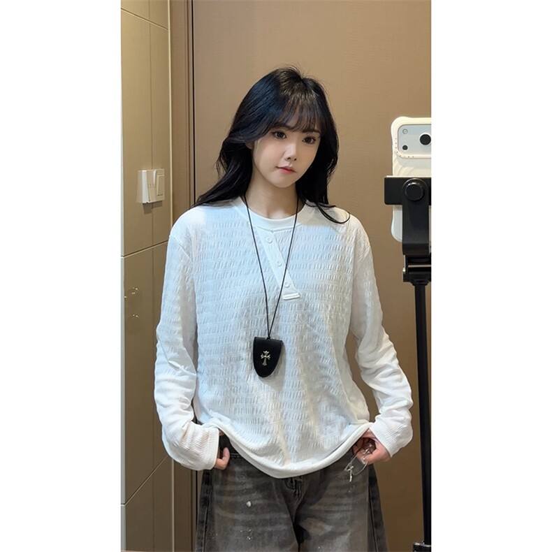 舒适时尚松弛感上衣极简亨利韩系ins风领肌理感T恤HY906TP35控58图片