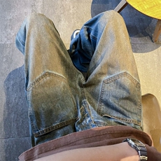 美式高街hiphop裤子绣色渐变微喇牛仔裤设计感口袋防装宽松直筒裤，男装牛仔裤，星座601-2
