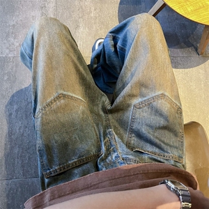 美式高街hiphop裤子绣色渐变微喇牛仔裤设计感口袋防装宽松直筒裤图片