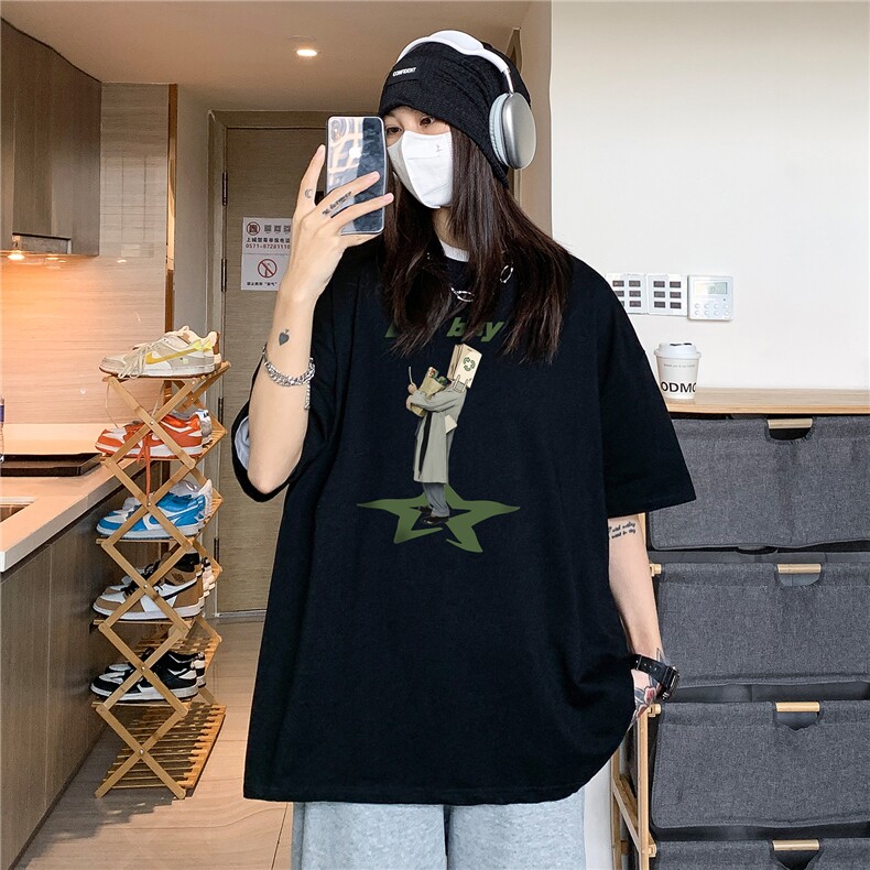 中性潮牌设计小众宽松圆领人像印花短袖T恤女宽松上衣H838P30,男装T恤,电商A341
