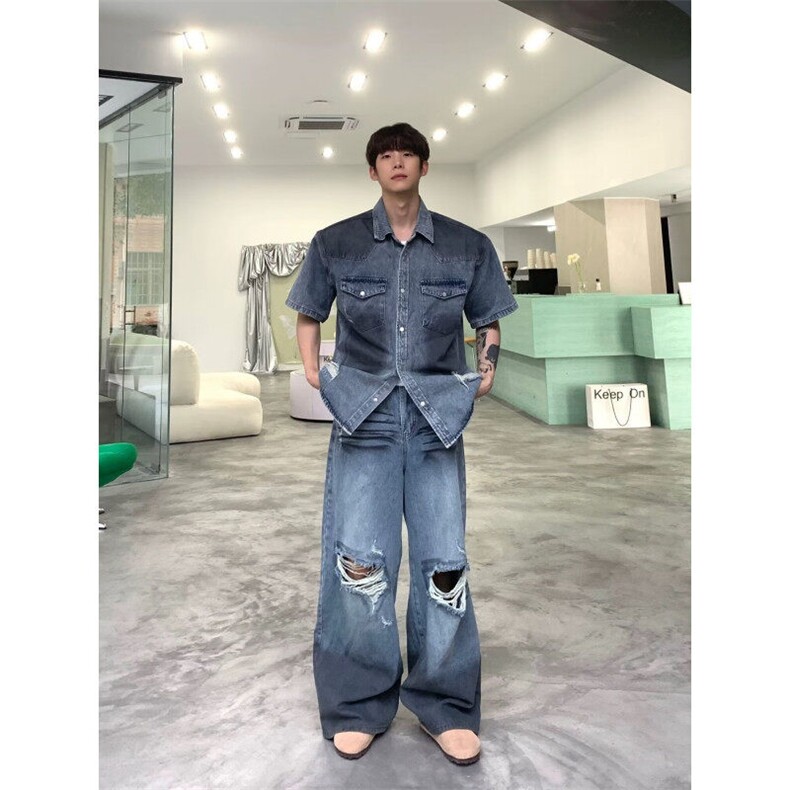 网络图现货破洞牛仔裤做旧阔腿拖地裤薄款休闲牛仔裤子RG62-P75,男装牛仔裤,星座1005-4