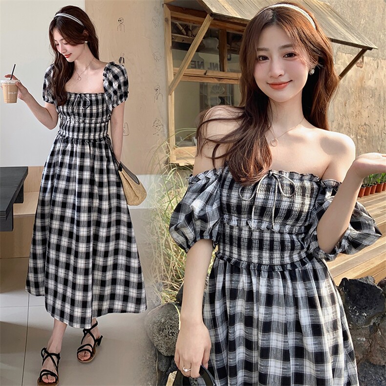 2023年夏季法式复古格子可一字肩泡泡袖系带连衣裙，女装连衣裙，韩蜜菓