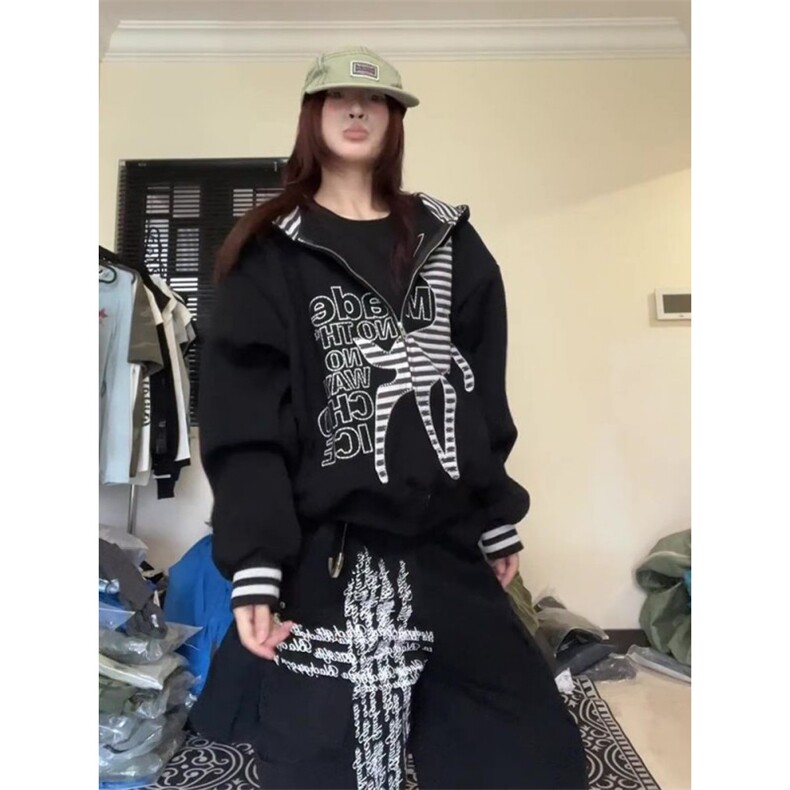 【刺绣】美式复古条纹字母小鹿长袖开衫卫衣女春秋设计感宽松外套，女装短外套，星座601-1