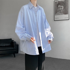 春夏条纹衬衫男长袖薄款痞帅高级感宽松慵懒风大码衬衣CS29003P45，男装衬衫，电商B312