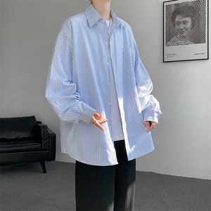 春夏条纹衬衫男长袖薄款痞帅高级感宽松慵懒风大码衬衣CS29003P45图片