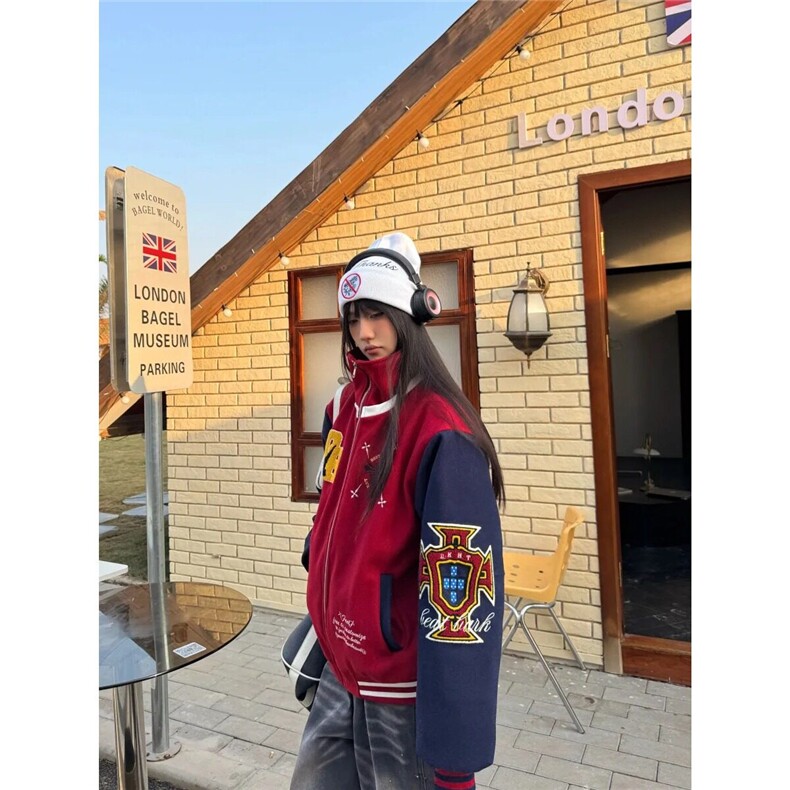 2025春季新款男女美式复古撞色立领刺绣棒球服情侣外套,男装夹克,星座506A