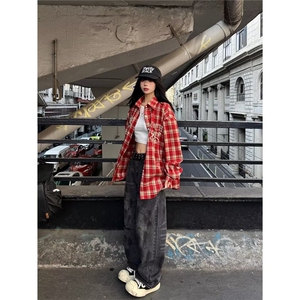 美式复古立体珍珠字母衬衫男女款春秋季长袖衬衣情侣休闲百搭外套图片