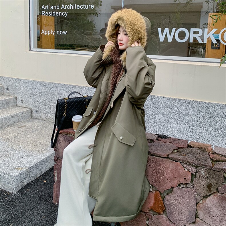 军绿色中长款大毛领连帽羽绒棉服女冬季超火好看加厚棉衣棉袄外套,女装短外套,2B183