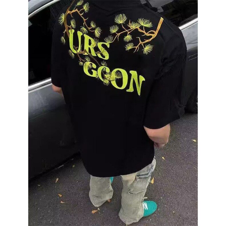 美式复古山茶花语刺绣t恤男女款夏季潮牌高街黑色潮半袖女TX04,男装T恤,星座1116A（原606A-3）