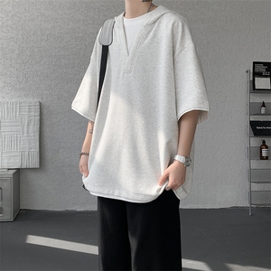 8XL-M假两件短袖卫衣连帽t恤男夏季薄款宽松大码学生半袖DT007P48图片