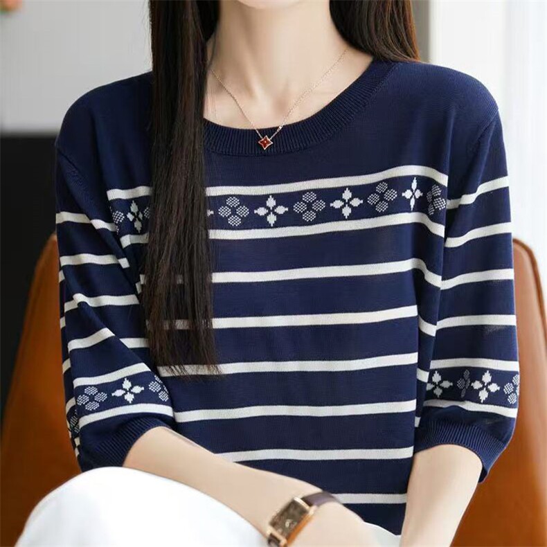 夏季圆领撞色条纹莱赛尔天丝套头半袖T恤女宽松休闲针织短袖上衣,女装T恤,萱芳婷羊绒