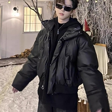现货5W件冬季三防重磅硬挺boxy短款羽绒立领PU皮棉衣外套加厚棉服，男装棉衣，电商A486-1