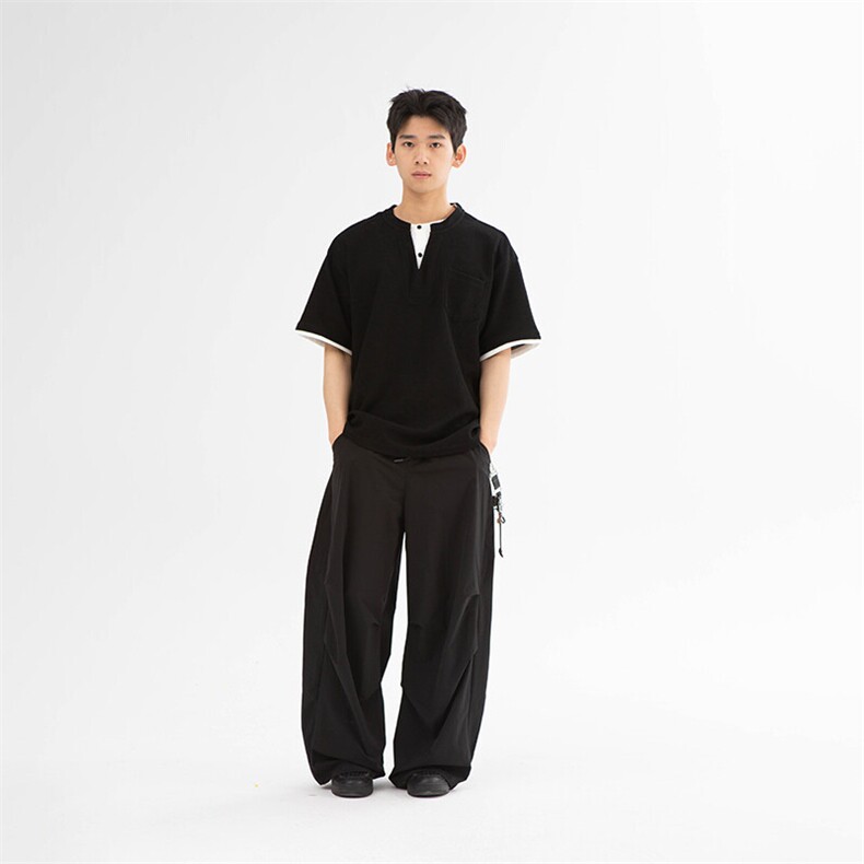 南夏乔装2025夏季新款日系复古华夫格假两件短袖潮流中性圆领T恤,男装T恤,电商S006（B521）