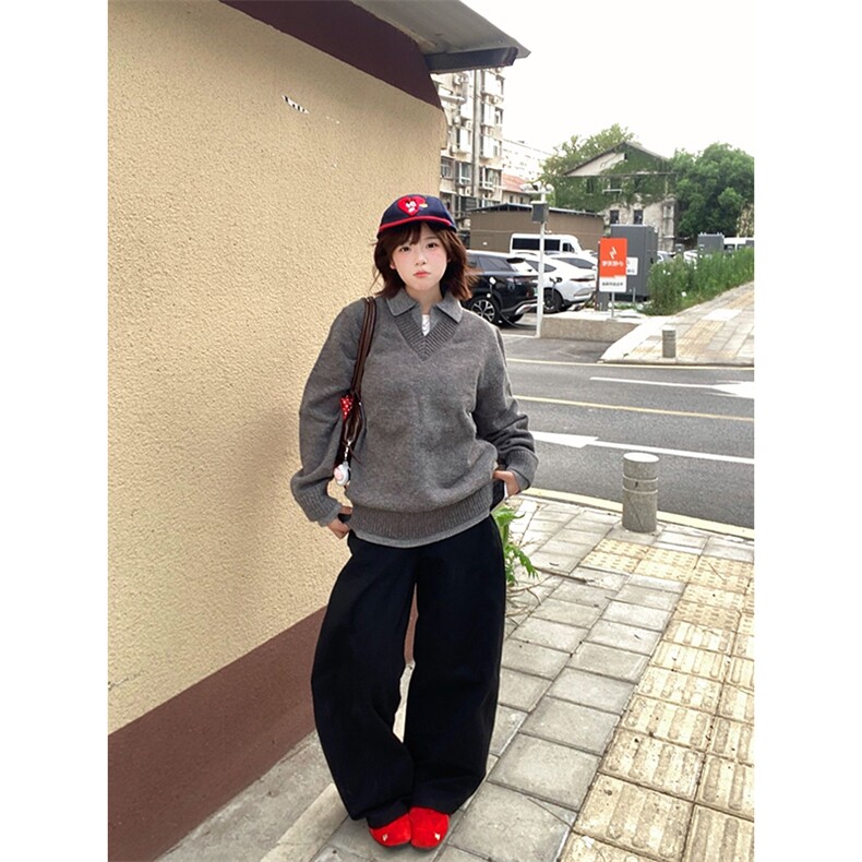 重磅北极绒假两件衬衫领毛衣美式高街复古休闲慵懒纯色翻领针织衫,男装针织衫/毛衣,电商A486