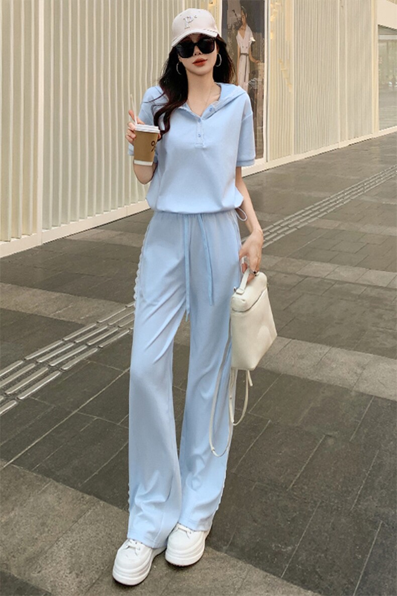 盐系高级感时尚气质套装女夏季新款蕾丝拼接连帽短袖阔腿裤两件套,女装套装/套裙,江南