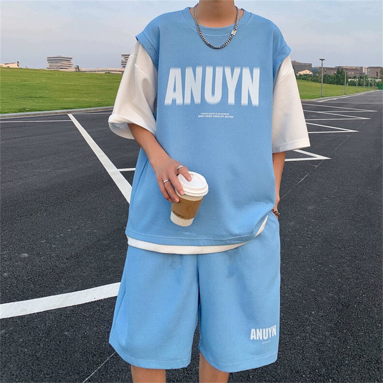 夏季篮球运动服一套搭配假两件华夫格短袖短裤套装男T1294-P42,男装T恤,星座512-2