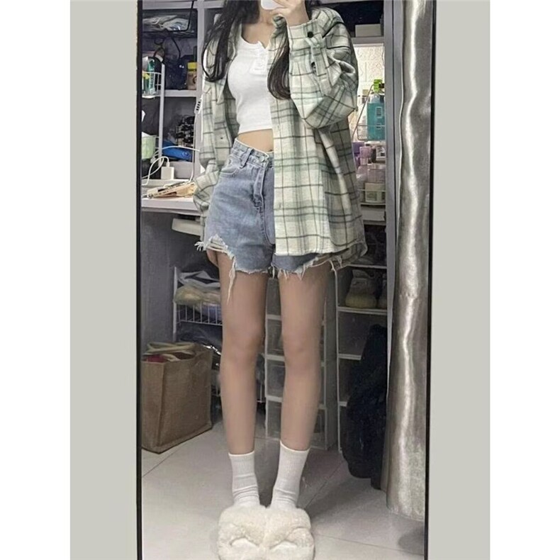 韩版格子衬衫女薄款外套日系新款春夏宽松休闲百搭小众长袖衬衣潮,男装衬衫,星座1210-1