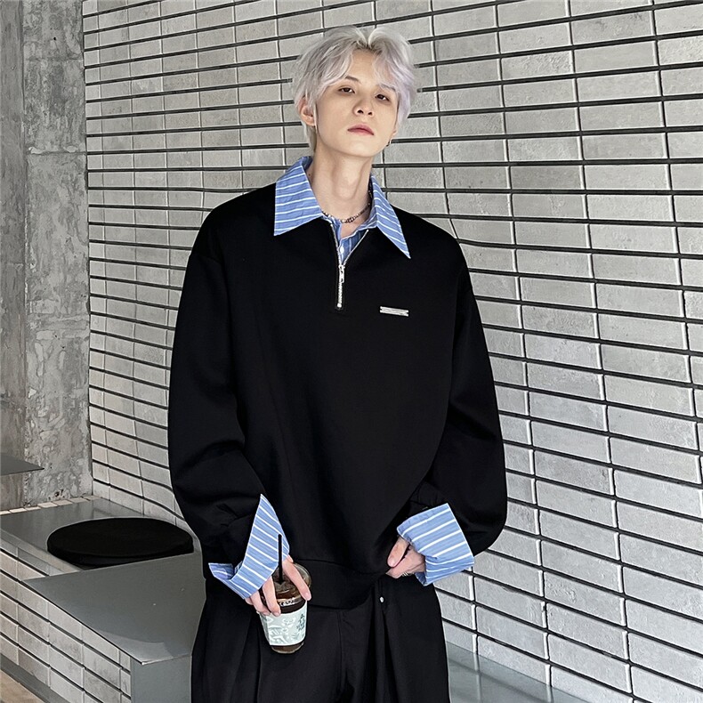 美式假两件POLO衫卫衣男春秋半拉连学院风长袖上衣W100-P58,男装Polo衫,电商C307