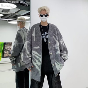 美式植绒开衫毛衣针织衫男秋装宽松高街嘻哈外套V领MZ040-P52图片