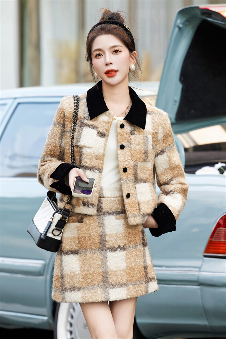 【新款现货】2023冬装格纹圈圈呢元气撞色拼接羽绒套装白鸭绒,女装羽绒服,雅静靓衣