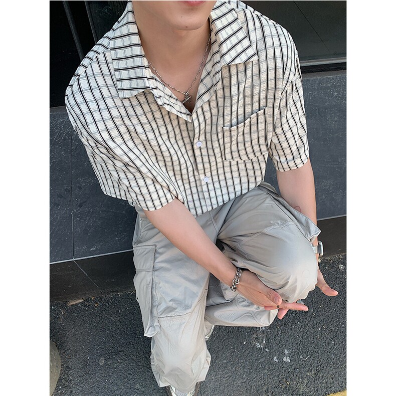 格子隐条衬衫夏季男士小众设计感潮流短袖衬衣宽松套装P38,男装T恤,电商C306-1